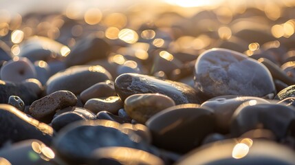Fototapeta premium Seaside pebbles, close-up on smooth, colorful stones, soft sunset light, clear detail 