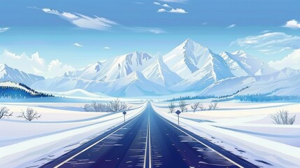 Winter journey highway stretches toward snowy mountains, scenic road trip, Ai Generated