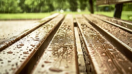 Obraz premium Urban park bench, close-up on rain droplets on wood, misty morning, serene ambiance 