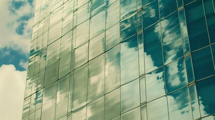 Skyscraper glass facade, close-up on reflection of clouds, midday, sharp focus 