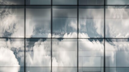 Skyscraper glass facade, close-up on reflection of clouds, midday, sharp focus 