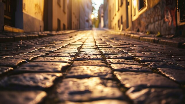 Fototapeta Historic urban alley, close-up on cobblestone texture, dusk, soft glow from street lamps 