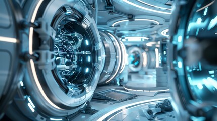 Capture a dynamic scene featuring a panoramic view of futuristic technologies amidst scientific discoveries Experiment with unexpected camera angles to showcase the subject in a vi