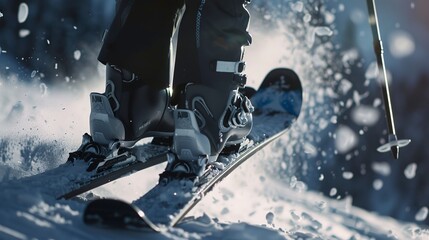 Icy ski slopes, close-up on skier's boots and skis, snow particles flying  - obrazy, fototapety, plakaty