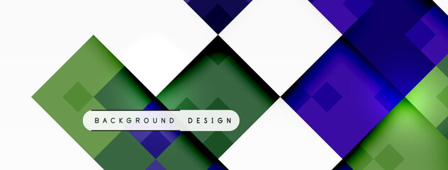 Fototapeta premium A purple, green, and white geometric pattern with rectangles and triangles on a white background. The design features symmetry and a flooringlike appearance with a mix of blue and magenta hues