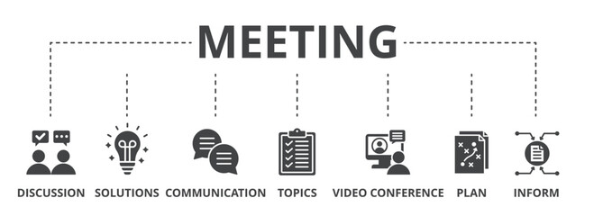 Meeting concept icon illustration contain discussion, solutions, communication, topics, video conference, plan and inform.