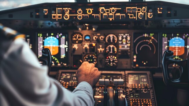 Commercial airplane cockpit, close-up of pilot's hands on controls, focused light 