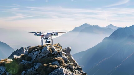 Compact travel drone on mountain summit, close-up of technology in nature  - Powered by Adobe