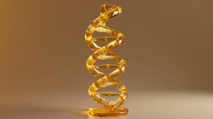 3D sculpture of DNA ribbon, intricately crafted from fossilized resin amber, golden hues, luxurious shine, solid background