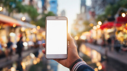 hand holding mobile phone with blank white screen over blurred background of city street