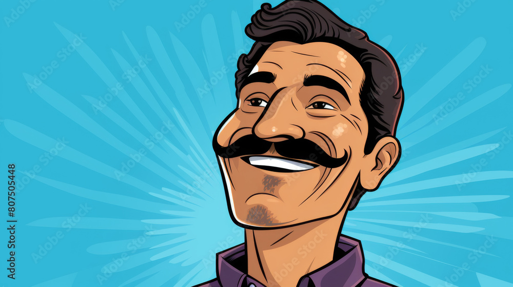 Poster a man with a mustache is smiling and looking at the camera