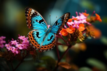 Vibrant butterfly on colorful flowers