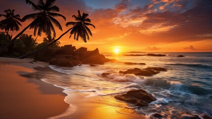 Stunning tropical sunset over a palm-fringed beach