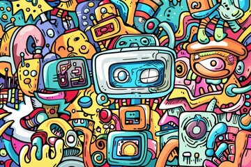 Cartoon cute doodles of a dreamscape inhabited by sentient robots and futuristic technology, blurring the lines between reality and virtual reality, Generative AI
