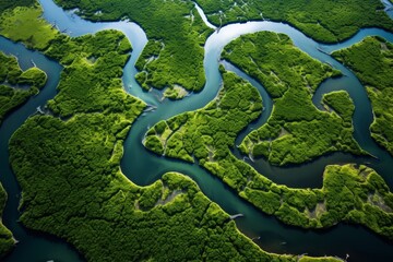 Aerial view of lush green river delta