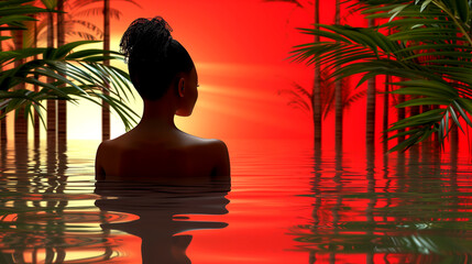 A woman is in a pool of water with palm trees in the background