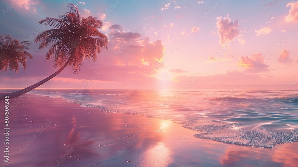 Poster beachscape with palm trees swaying in the breeze and gentle waves lapping the shore