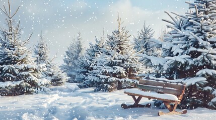 A cozy winter scene with a rustic wooden sled and evergreen trees covered in snow, invoking holiday nostalgia.