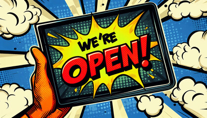 Hand holding We're open sign comic book style word