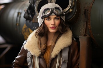 Vintage aviator woman in fur coat
