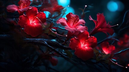 vibrant red hibiscus flowers in dark moody lighting