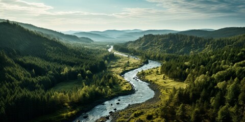 Fototapeta premium Scenic mountain landscape with winding river and lush green forest