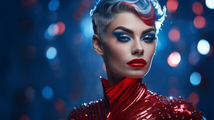 glamorous woman in red sequin dress with dramatic makeup