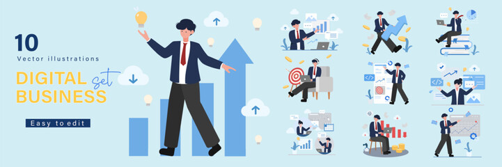 Business Concept illustrations set. Collection of scenes with men and women taking part in business activities. Vector illustration