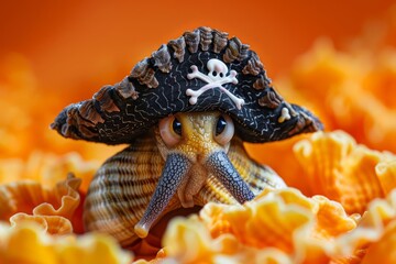 A closeup halfbody of a charismatic mollusk in a pirate costume, showcased against a playful...