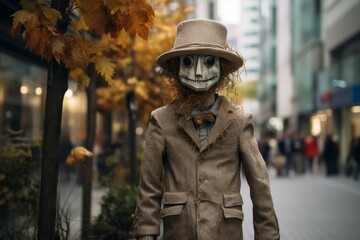 Creepy Halloween figure in autumn city street