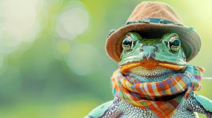A closeup halfbody of a charismatic amphibian sporting a hipster hat and scarf, displayed against a soft green, colorful strange bizarre sharpen blur background with copy space