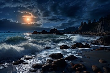 Obraz premium Dramatic seascape with crashing waves and sunset