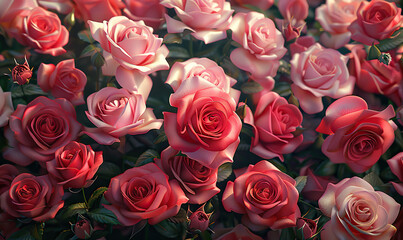 A lush image showcasing an array of blooming roses in vibrant red and pink hues. Generate AI