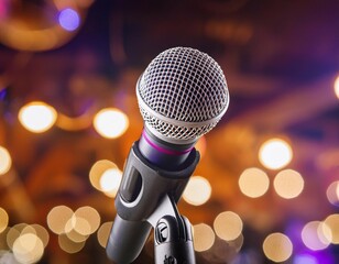 Microphone on stage close-up. Mic closeup. Karaoke, night club, bar. Music concert. Mike over colorful lights background. Song, music concept wide backdrop, border art design