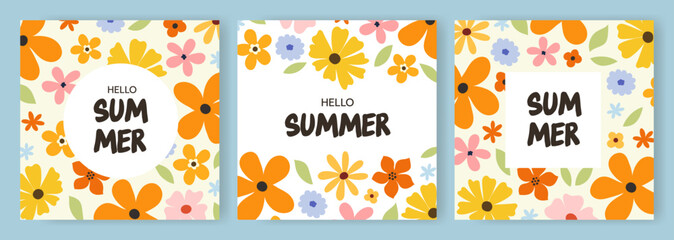 Set of summer flower cards. Floral vector templates 