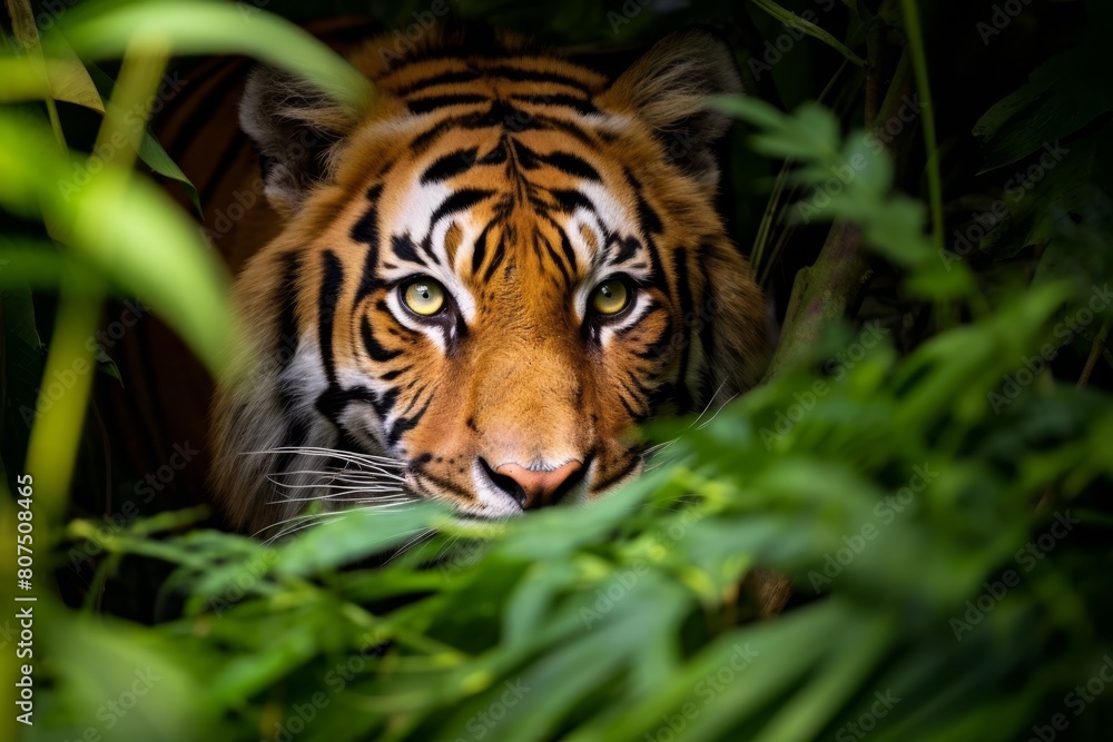 Canvas Prints Fierce tiger peeking through lush foliage