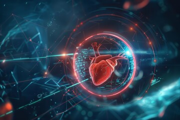 A futuristic 3D representation of targeted therapy for cardiac tumors, integrating advanced imaging and precision medicine, Sharpen banner template with copy space on center