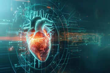 A futuristic 3D representation of targeted therapy for cardiac tumors, integrating advanced imaging and precision medicine, Sharpen banner template with copy space on center