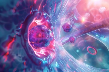 A futuristic 3D representation of targeted therapy for cardiac tumors, integrating advanced imaging and precision medicine, Sharpen banner template with copy space on center