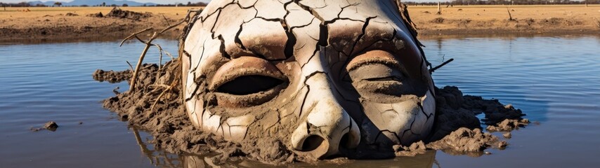 Cracked earth and weathered mask in desert landscape