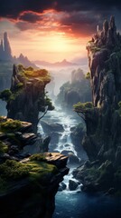 Majestic mountain landscape with flowing river and dramatic sunset sky