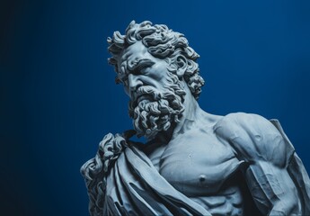 Dramatic statue of a muscular male figure with flowing robes and curled hair