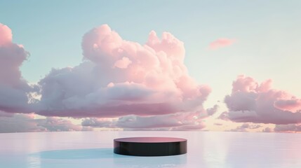 A minimal product display featured a black podium against a sky platform display with a cloud pastel scene
