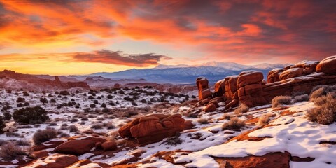 Obraz premium Stunning winter landscape with snow-capped mountains and vibrant sunset sky