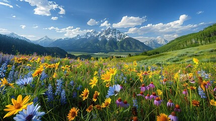 mountain landscape blanketed in a carpet of vibrant wildflowers, with snow-capped peaks towering in the distance and a clear blue sky overhead