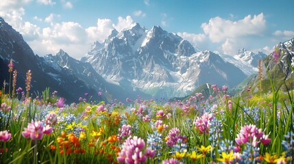 Obraz premium mountain landscape blanketed in a carpet of vibrant wildflowers, with snow-capped peaks towering in the distance and a clear blue sky overhead