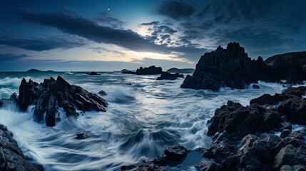 Fototapeta premium dramatic seascape with rocky cliffs at sunset