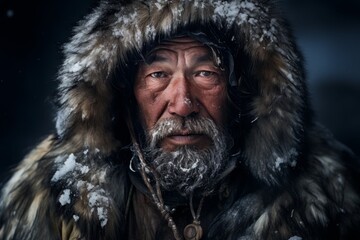 Weathered face of an elderly man in a fur-lined hood