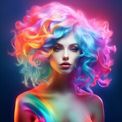 Vibrant and colorful portrait of a woman with curly rainbow hair