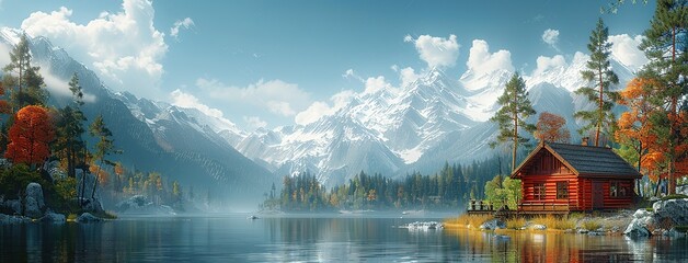 Fototapeta premium Winter Wonderland Cabin: Scenic Riverfront View